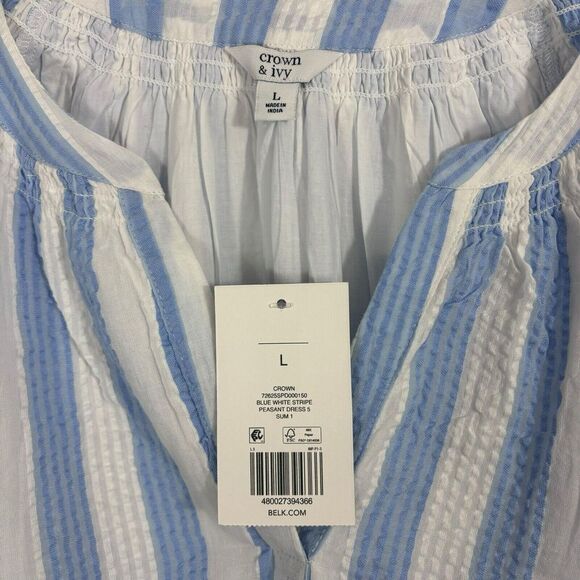 NWT Crown & Ivy Women's Puff Sleeve Printed Blue White Peasant Dress Plus Size L - Picture 5 of 7